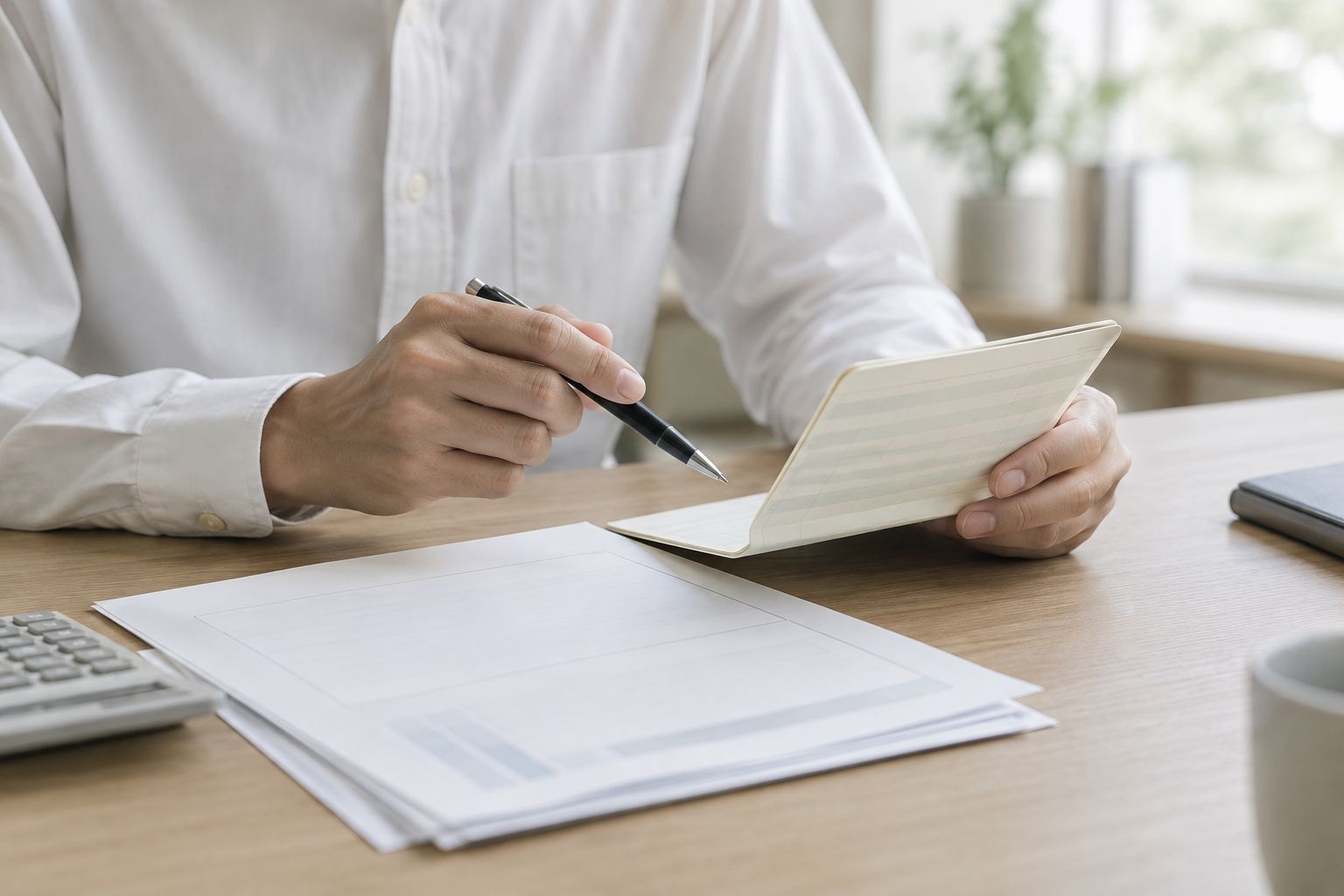財産と債務に関する書類を確かめる手元
