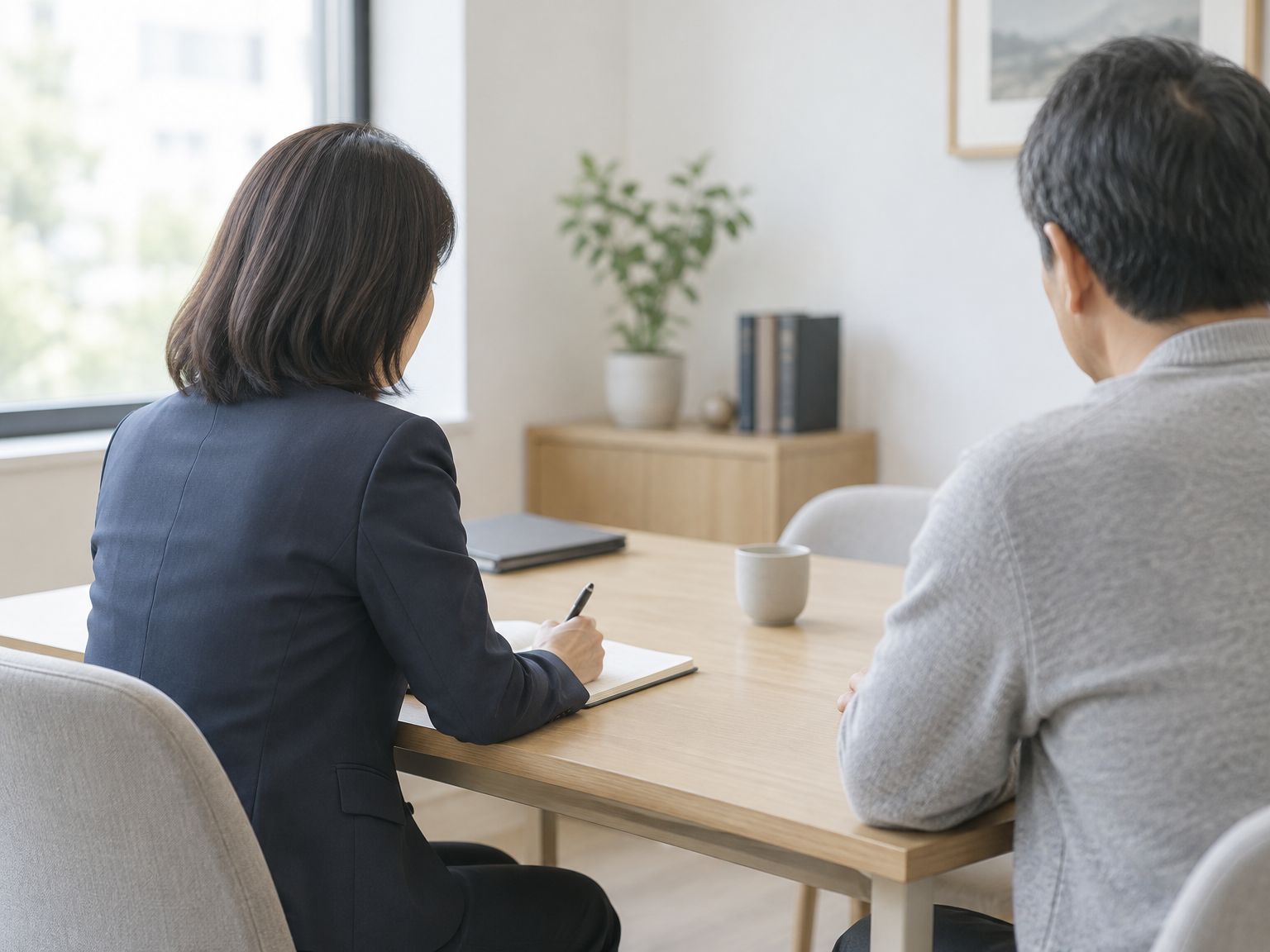 相談室で、相談者の話を聞きながらメモを取る弁護士の後ろ姿